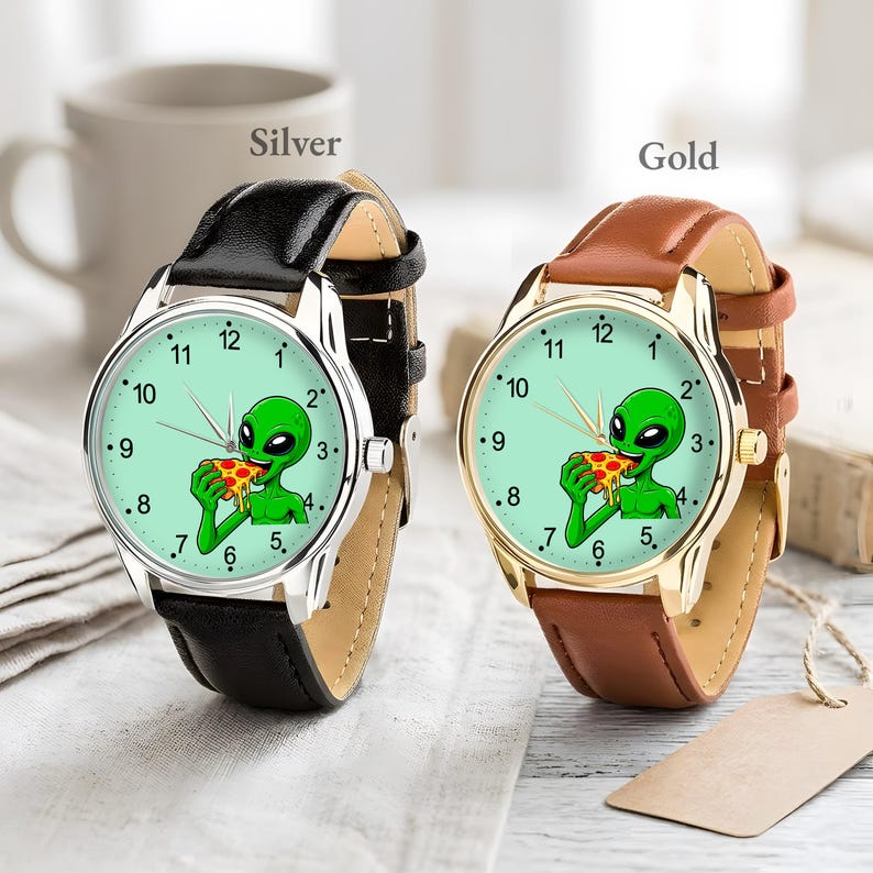 Alien Pizza Watch, UFO Space Food Wristwatch, Quirky Leather Band Accessory image 2