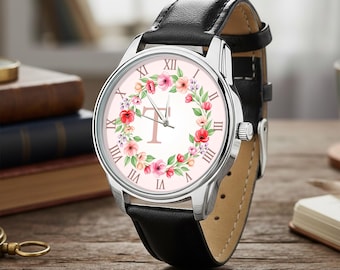 Horloge met gepersonaliseerde bloemen, polshorloge met aquarelbloemmonogram, polshorloge met aangepaste letter