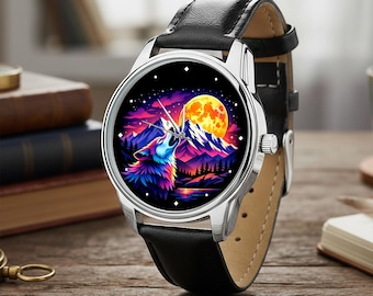 Reloj Neon Wolf Mountain Moon, correa de cuero con estampado de fauna silvestre colorida