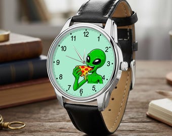 Reloj de pizza alienígena, reloj de pulsera con forma de comida espacial OVNI, accesorio con correa de cuero peculiar