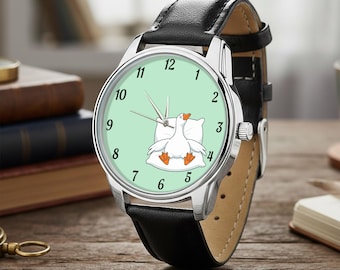 Funny Goose Watch, Quirky Cartoon Animal Wristwatch, Eco Leather Strap