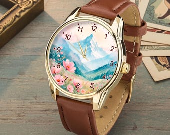 Reloj de pulsera con acuarela floral de montaña, reloj de pulsera con paisaje en tonos pastel, pradera natural de flores silvestres
