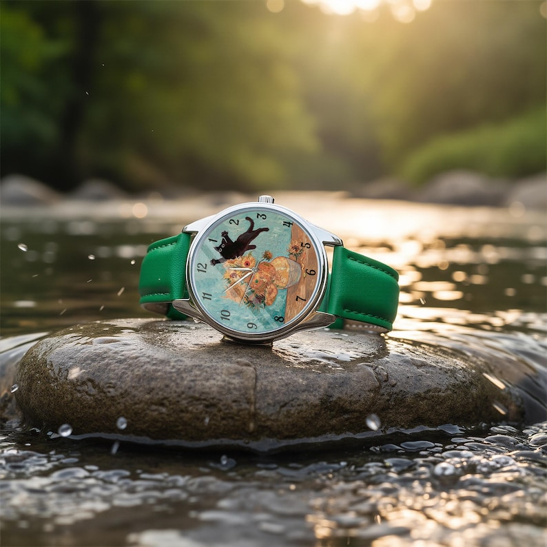 Puede incluir: Un reloj de pulsera plateado con una correa de cuero verde. La esfera del reloj presenta un gato negro, flores y un jarr&oacute;n sobre un fondo azul claro. El reloj est&aacute; sobre una roca en un arroyo.