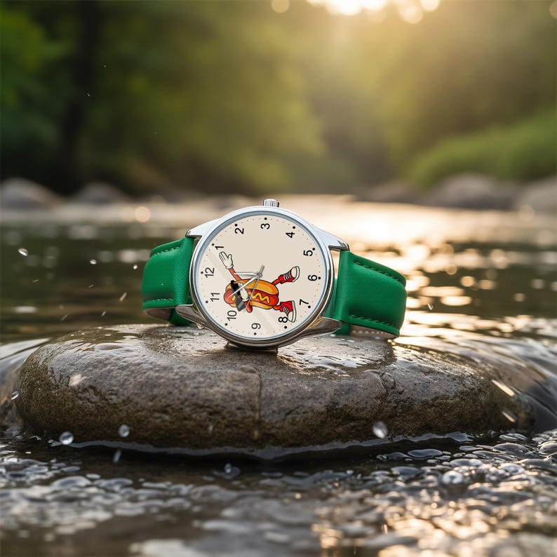 May include: A wristwatch with a green leather strap and a silver-toned metal case. The watch face features a cream background with black numerals and a central graphic illustration of a hot dog character performing a dabbing dance move.