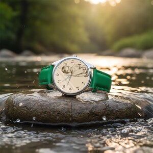 May include: A silver wristwatch with a green leather band. The watch face features a sepia-toned photograph of a person. The watch is resting on a wet, gray stone in a stream, with a blurred natural background.