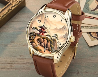 Japanische Tempelberg Pagode Uhr, gelassene asiatische Landschaftsarmbanduhr