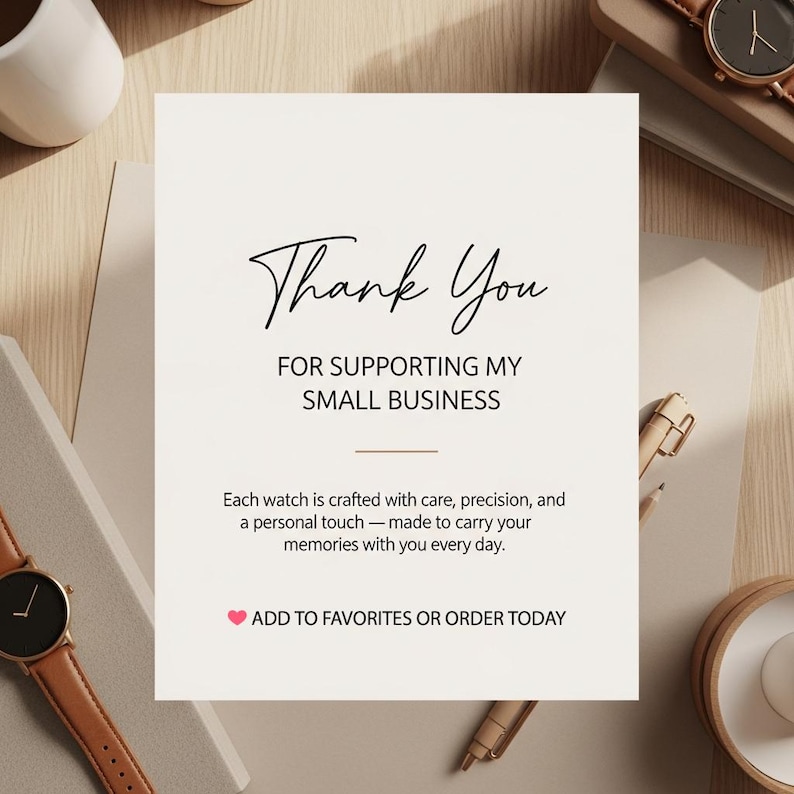 Pu&ograve; includere: Un biglietto color crema con le parole "Thank You" e "For Supporting My Small Business" in scrittura. Il biglietto include anche il testo "Each watch is crafted with care..." e "Add to Favorites or Order Today."