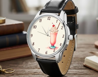 Reloj con diseño de batido de fresa rosa, estilo retro de cafetería, regalo ideal para amantes de los postres.