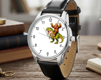 Divertido reloj de Bigfoot montando un T-Rex, reloj de pulsera de Sasquatch críptido, regalo para amantes de los dinosaurios