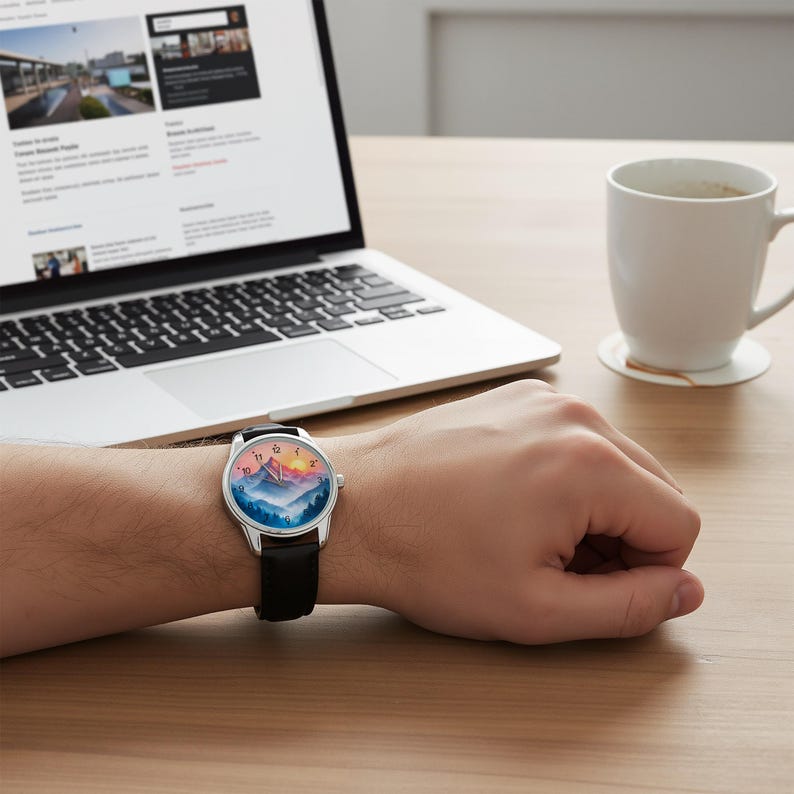 May include: A wristwatch with a black leather band and a silver-colored case. The watch face features a colorful mountain landscape with blue, orange, and pink hues. The watch is on a person's wrist, near a laptop and a coffee cup.