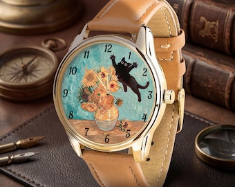 Reloj de gato estilo Van Gogh, reloj de pulsera artístico con forma de gato negro, regalo único para amantes del arte.