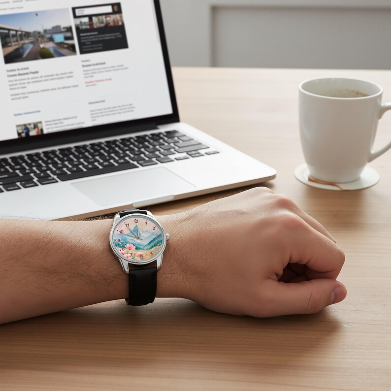 May include: A wristwatch with a black leather strap and a silver-tone case. The watch face features a watercolor-style illustration of blue mountains, a light blue sky, and pink flowers, with black numerals marking the hours.