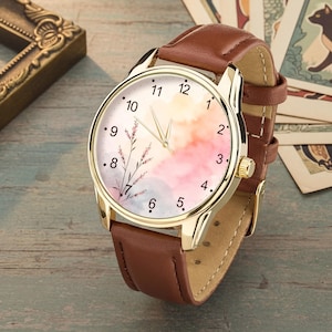 Watercolor Floral Watch, Pastel Pink Botanical Wristwatch, Nature Lover Accessory image 1