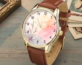 Reloj floral de acuarela, reloj de pulsera botánico rosa pastel, accesorio para amantes de la naturaleza.