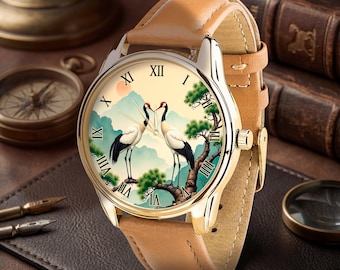 Japanese Crane Watch, Romantic Bird Gift, Elegant Asian Art Wristwatch