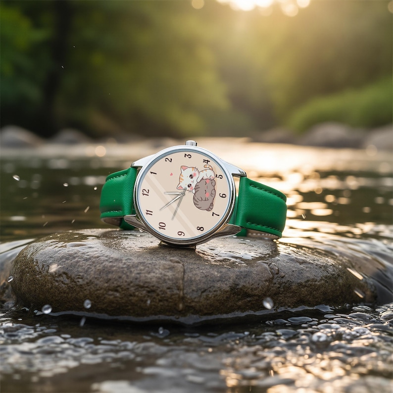 May include: A wristwatch with a silver-toned circular case and a vibrant green leather strap. The watch face features a cream-colored background with black numerals and a graphic illustration of two small, cartoon-style kittens cuddling together.