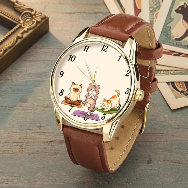 Yoga Cats Watch, Whimsical Feline Animal Wristwatch, Kawaii Animal Lover Accessory