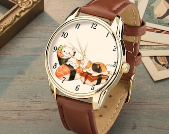 Reloj de gato sushi, reloj de pulsera kawaii con temática de comida japonesa, accesorio para amantes de los gatos.