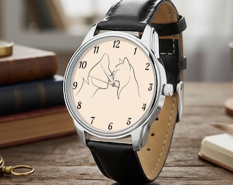 Reloj minimalista con diseño de gato, reloj de pulsera romántico para amantes de los felinos, caja de latón, correa de cuero ecológico.