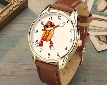 Reloj divertido con forma de perrito caliente, reloj con forma de perrito caliente bailando, reloj de pulsera con forma de comida, regalo para amantes de la barbacoa, regalo de salchicha de dibujos animados para amantes de la comida.