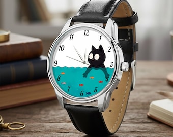 Reloj de pesca con forma de gato negro, animal curioso, diseño minimalista, correa de cuero ecológico.