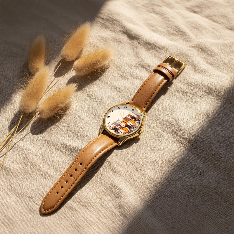 May include: A gold-toned wristwatch with a brown leather band. The watch face features a whimsical design of stacked cats in various colors. The watch is set against a neutral-toned background with dried decorative plants.