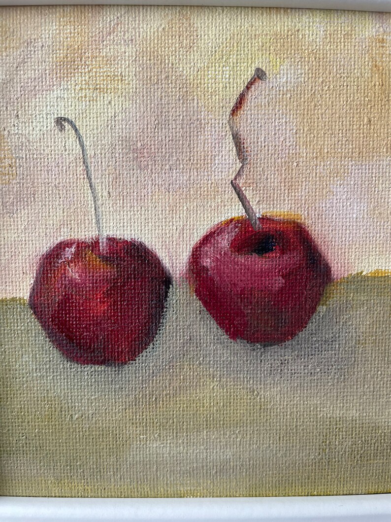 Black cherry Painting, original oil, 8.5x6.5 inches, small artwork, wall hanging, home decor,fruit painting, minimalist style, country image 5