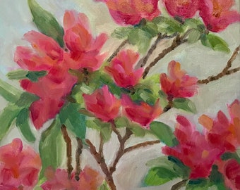 Azalea painting, original oil, pink flowers, small oil, summer flowers, farmhouse wall art.decor,impression, Canvas fine art