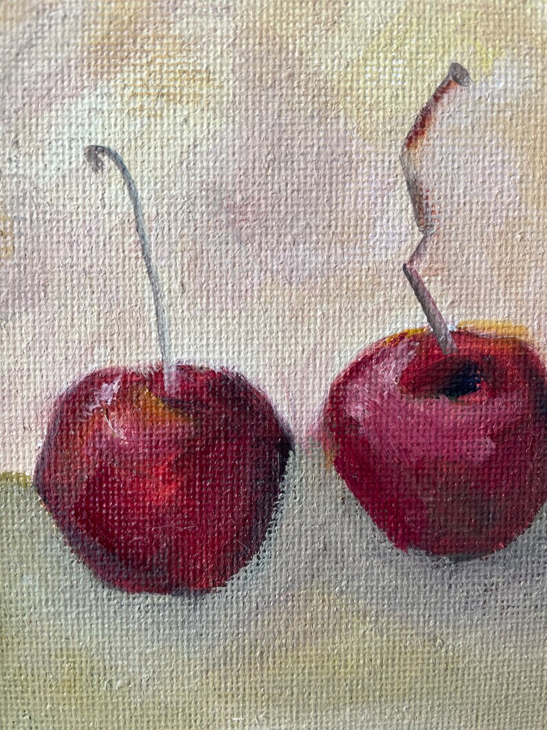 Black cherry Painting, original oil, 8.5x6.5 inches, small artwork, wall hanging, home decor,fruit painting, minimalist style, country image 4