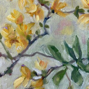 Forsythia painting, oil on canvas board, spring flowers tree fine art home decor wall hanging farmhouse country style image 9