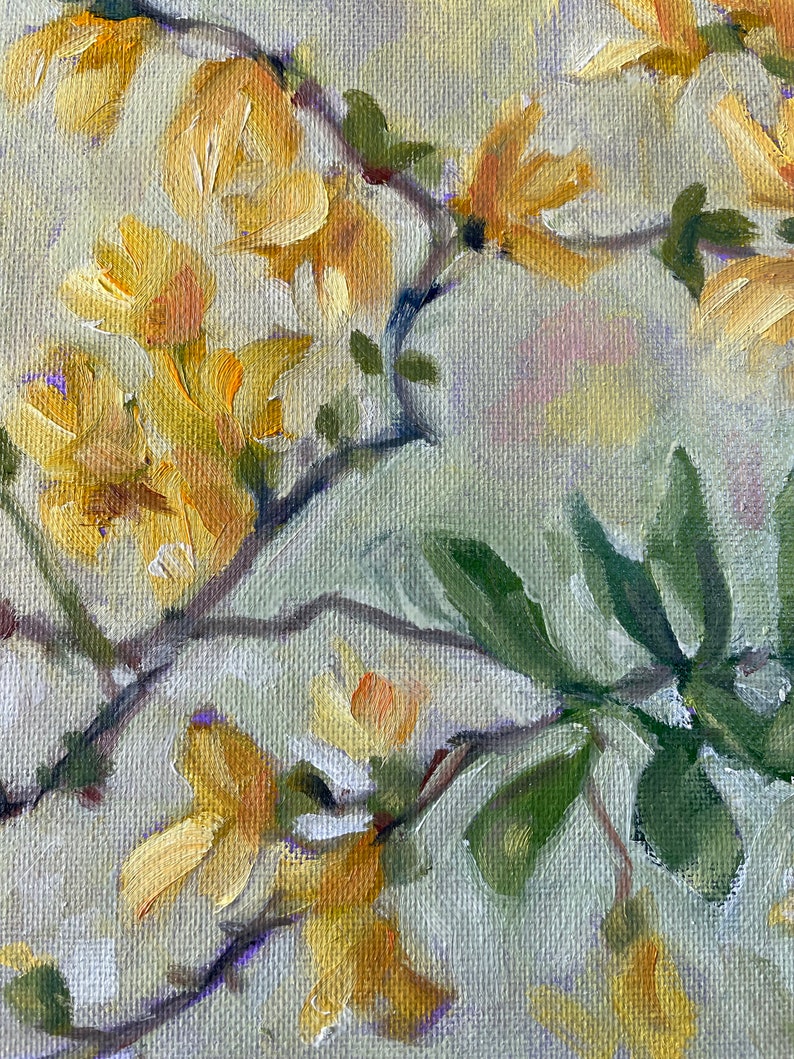 Forsythia painting, oil on canvas board, spring flowers tree fine art home decor wall hanging farmhouse country style image 9