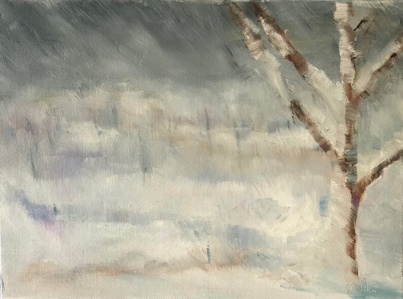 Snow painting, original oil, winter landscape, snow storm, snow landscape, farmhouse decor, wall art canvas, country, tree in winter image 7