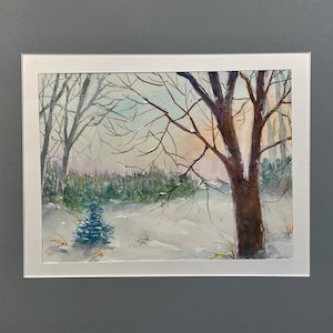 Original Watercolor painting, winter scene, snowy landscape, sunrise in snow, trees in winter, large watercolor
