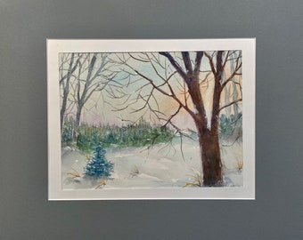 Original Watercolor painting, winter scene, snowy landscape, sunrise in snow, trees in winter, large watercolor