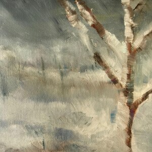 May include: A painting of a tree branch with white snow on it against a gray and white background.