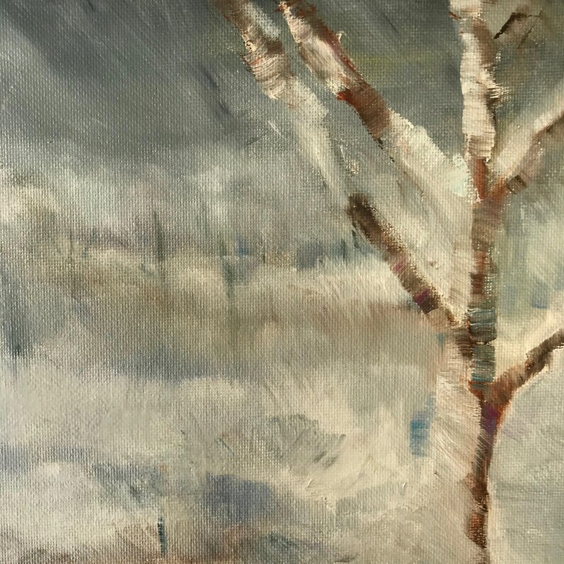 May include: A painting of a tree branch with white snow on it against a gray and white background.