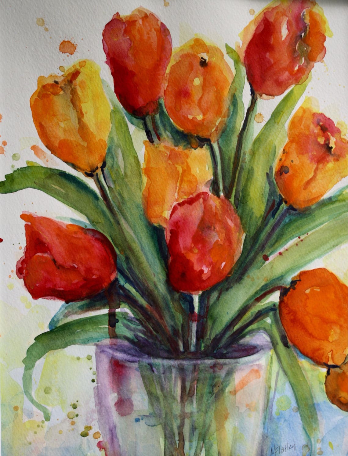 Tulips in a Vase Original Watercolor Painting Flower Etsy