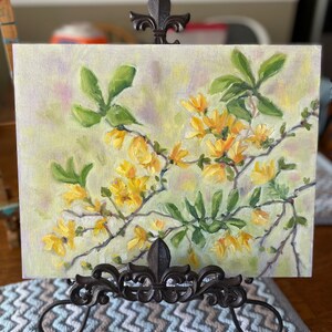 Forsythia painting, oil on canvas board, spring flowers tree fine art home decor wall hanging farmhouse country style image 2