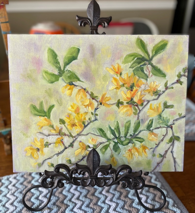 Forsythia painting, oil on canvas board, spring flowers tree fine art home decor wall hanging farmhouse country style image 2