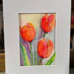 Tulip painting,original watercolor, 11x8 inches matted,red orange flowers, colorful artwork, wall art home decor,spring flowers, floral,