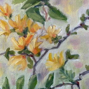 Forsythia painting, oil on canvas board, spring flowers tree fine art home decor wall hanging farmhouse country style image 7