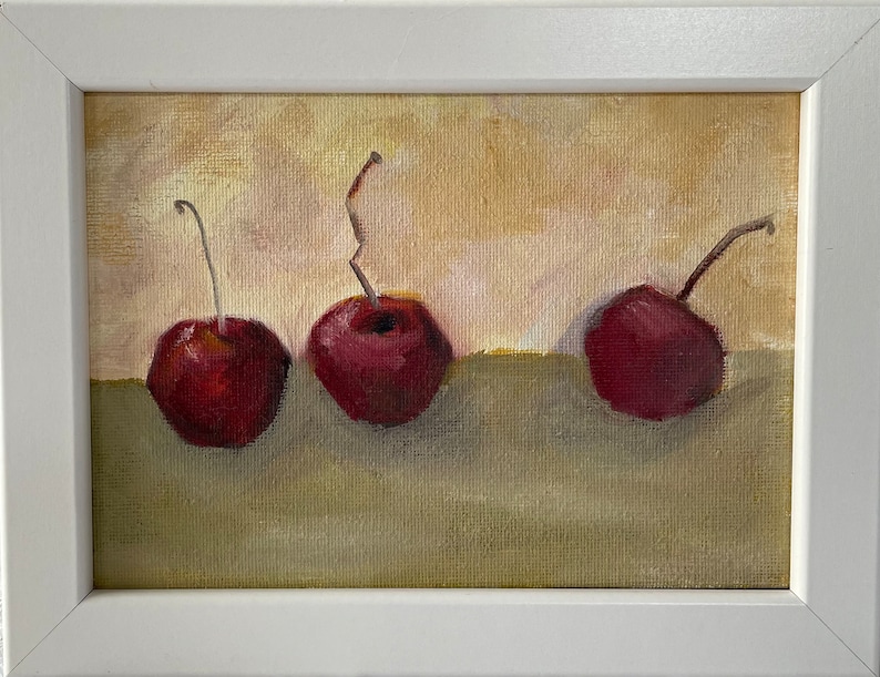 Black cherry Painting, original oil, 8.5x6.5 inches, small artwork, wall hanging, home decor,fruit painting, minimalist style, country image 1