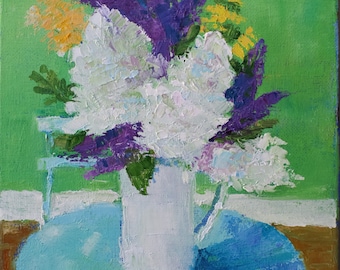 Hydrangea painting - original art oil - lavender flowers - floral still life - white purple yellow - wall art home decor - fine art canvas
