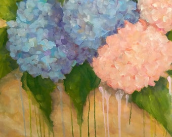 Hydrangea Painting, original oil, large floral, still life summer, fine art wall decor, canvas, farmhouse  style