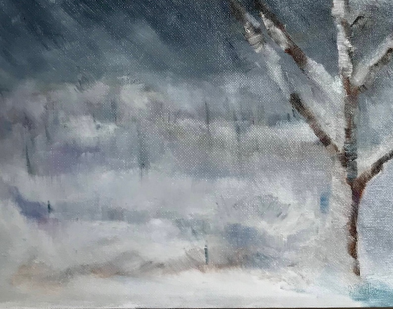 Snow painting, original oil, winter landscape, snow storm, snow landscape, farmhouse decor, wall art canvas, country, tree in winter image 1