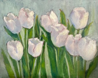 White tulips original oil painting fine art canvas wall hanging home decor farmhouse country style