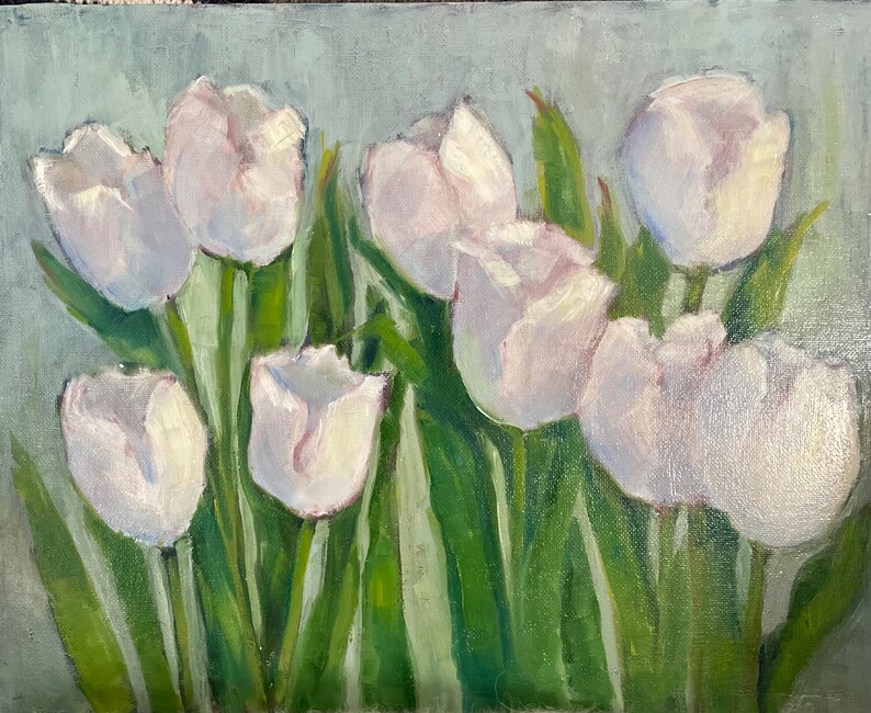 White tulips original oil painting fine art canvas wall hanging home decor farmhouse country style immagine 1