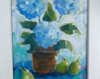 Original painting hydrangeas flowers acrylic framed small wall hanging fine art home decor farmhouse country style