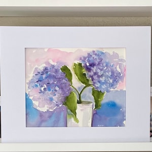 Blue hydrangeas, watercolor painting, original, flowers, floral, botanical fine art home decor wall hanging farmhouse country style image 1