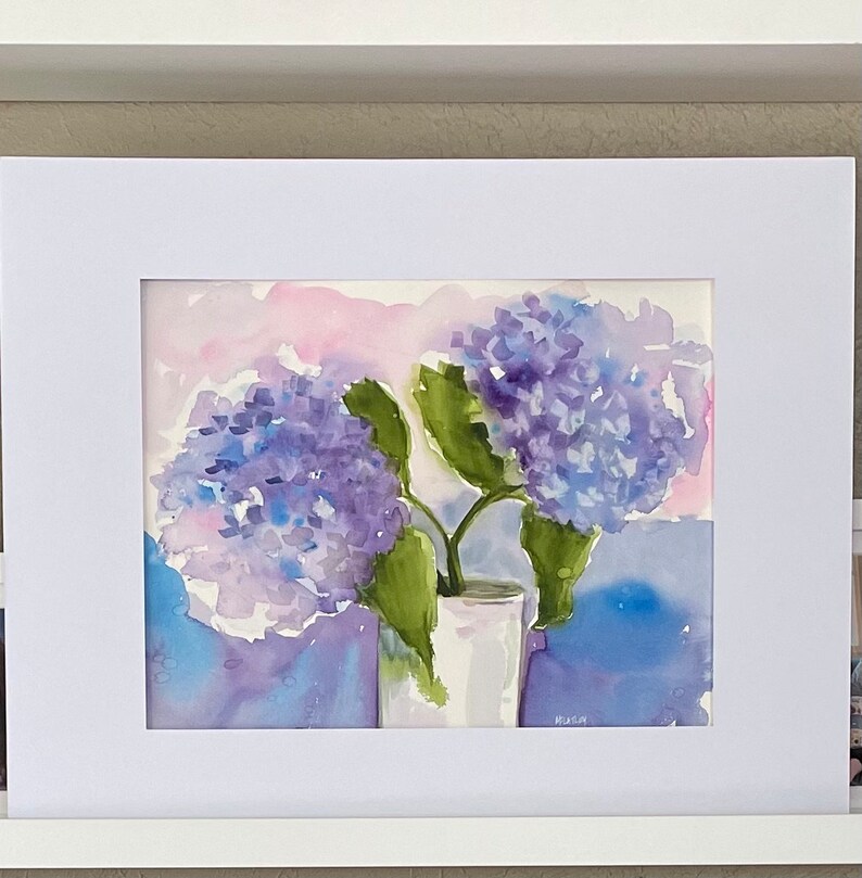 Blue hydrangeas, watercolor painting, original, flowers, floral, botanical fine art home decor wall hanging farmhouse country style image 1